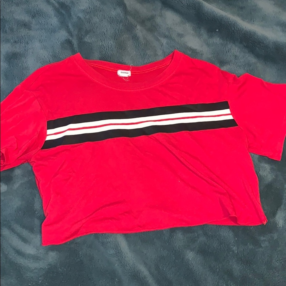 red crop top with white and black lines